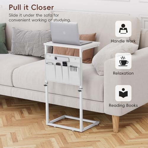 Vagusicc C Shaped End Table, 33" Tall Side Table for Couch, Adjustable Height Small Couch Side Table for Small Spaces, C Table End Table Slide Under Sofa Table TV Tray for Living Room Bedroom, White - Image 3