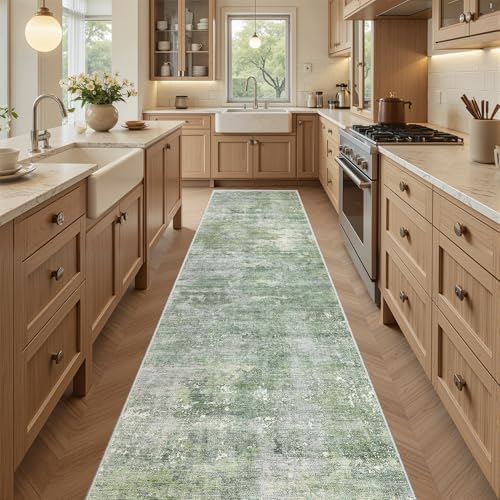 Soalmost Abstract Runner Rug 2x8 Hallway Kitchen Runners Green/Ivory by Soalmost