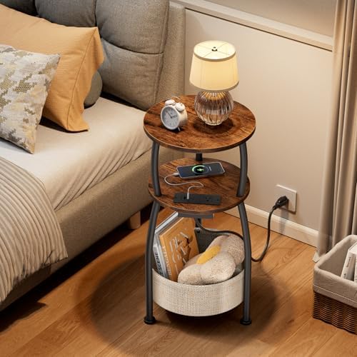 Side Table with Charging Station, Small Round End Table with Basket - Image 4