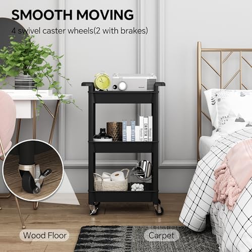 Steehoom 3-Tier Utility Rolling Cart with Cover Top Board, Mobile Utility Cart with Lockable Casters Multi-Functional Storage Trolley for Office, Bathroom, Kitchen, Garden, Laundry Room (Black) - Image 4