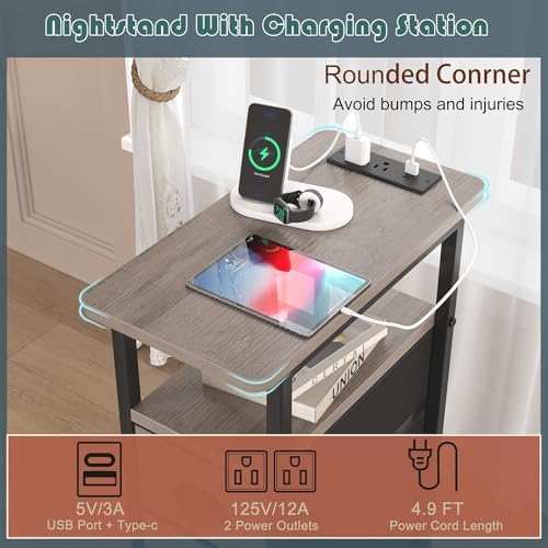 shtmec Narrow End Table Set of 2 with Charging Station, LED Side Tables Set 2 with Fabric Drawers, Small Bedside Tables Nightstands for Small Space, Slim Sofa Couch Table for Livingroom, Grey - Image 4