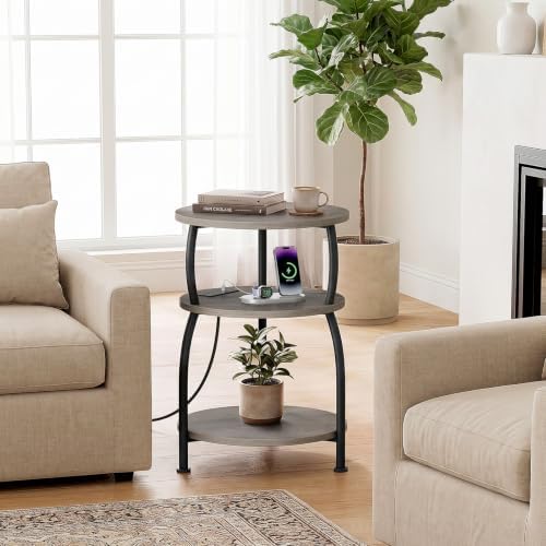 Round Side Table with Power Outlet, USB Type C Port, 3-Tier End Table - Image 6
