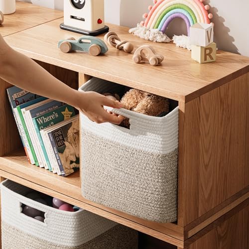 UBBCARE Set of 4 Storage Cubes-13 X 13 X 13 In, Cotton Rope Basket for Shelves, Toys, Book, Cube Storage Bin with Handles, Woven Storage Basket for Organizing, White/Brown - Image 4