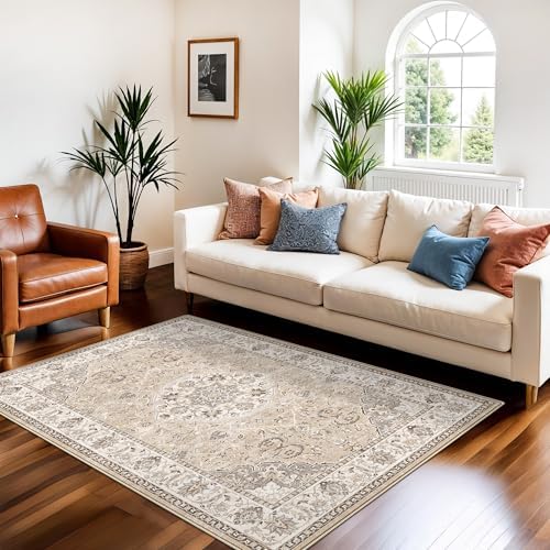 3x5 Living Room Area Rugs: Vintage Washable Non-Slip Rug for Bedroom Dining Room Soft Carpet for Nursery Kitchen Home Office Durable & Easy-Clean Design Perfect for Homes with Cats & Dogs(3x5 Beige) by HYHAOYUNLAI