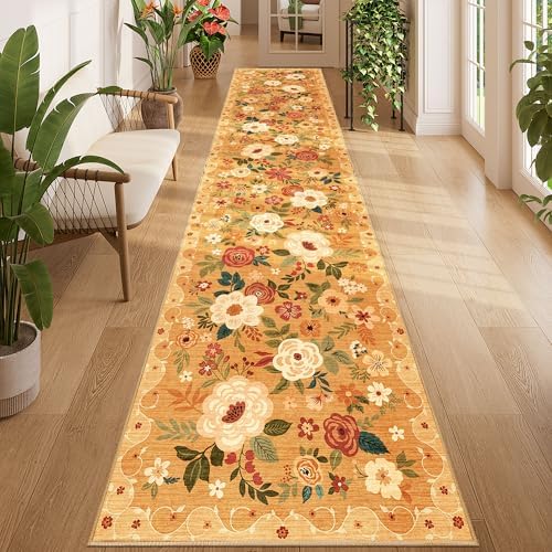 DUKINO 2.6x12 Kitchen Runner Rug, Floral Non Slip Long Washable Rug, Orange by DUKINO