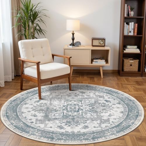 Blue Round Rug for Bedroom, Vintage Circle Rug(4ft) by Rugxara