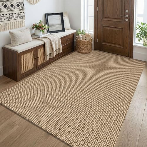 KOZYFLY Boho Washable 4x5 Entry Woven Area Rug, Braided Throw Rugs for Entryway, Non Slip Door Mat Indoor Entrance, Farmhouse Carpet for Foyer, Bedroom, Dining, Office, Orange Beige/Tan/Brown by KOZYFLY