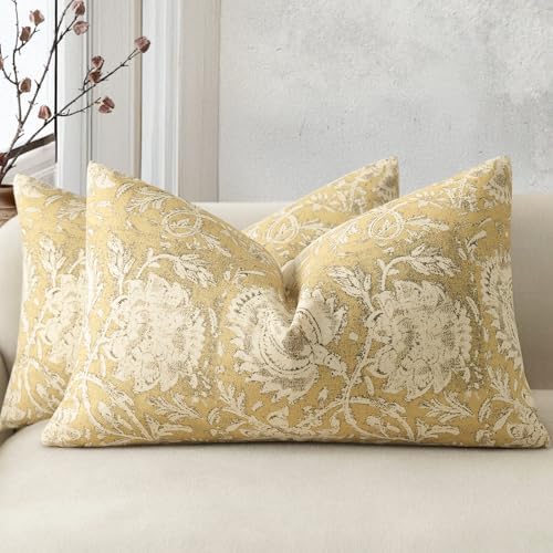 Vintage Floral Print Throw Pillow Covers 12x20 Set of 2 Neutral Modern Farmhouse Pillowcases Accent Decorative Cushion Covers Boho Home Decor for Couch Sofa Chair Bed Living Room, Yellow by DKwizme