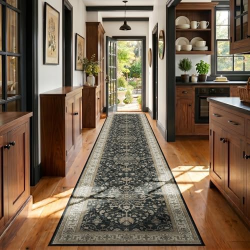 RELEANY Washable Area Rug, Runner 3'x20', Black/Vintage/Beige by RELEANY