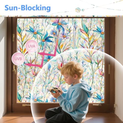 Finnez Stained Glass Window Film, Rainbow Sticker Blue Lotus 29.5″ x 78.7″ - Image 3