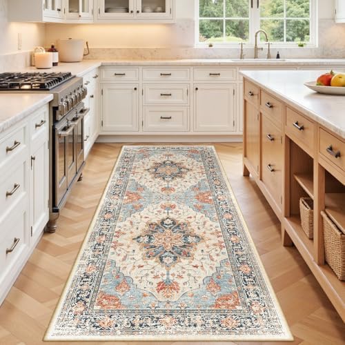 RELEANY Washable Area Rug, Runner 3'x6', Beige/Blue/Orange by RELEANY