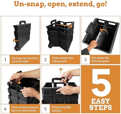 Inspired Living Ultra-Slim Rolling Collapsible Storage Pack-N-Roll Utility-carts, with Telescopic Handle, for Home, Garden, Shopping, Office, School use, Medium, Black - Image 6