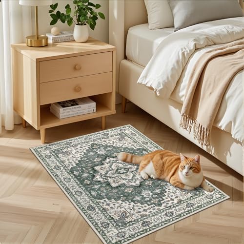 2x3 Area Rugs Living Room: Washable Rug for Bedroom Green Ivory - Image 3