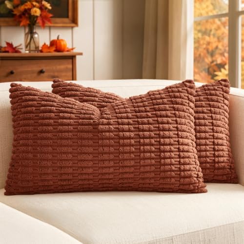 MIULEE Fall Lumbar Corduroy Decorative Throw Pillow Covers 12x20 Dark Rust by MIULEE