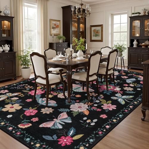 Area Rug 9x12 Living Room: Soft Floral Washable Boho Carpet Black - Image 4