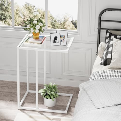 Easy Paws Small C Shaped Table for Sofa,Glass Couch Sofa Tray Snack Table for Living Room, Bedroom,TV Tray Table for Small Space,Accent Coffee Table,Nightstand with Metal Frame(White) - Image 6
