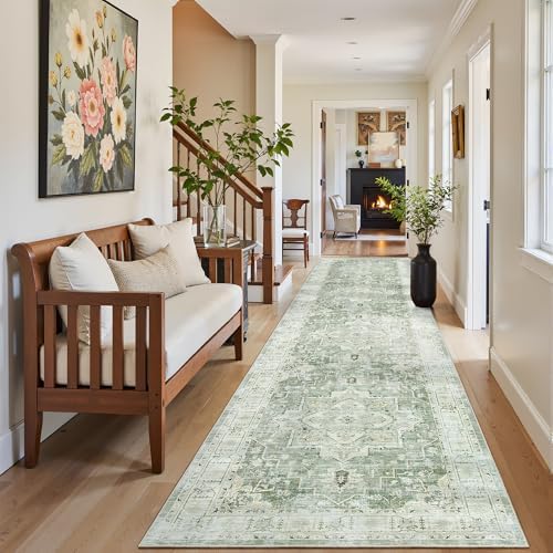 Madane Washable Runner Rugs 2x10 Long for Hallway Kitchen, Green/Ivory by Madane
