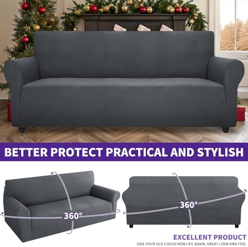 ZNSAYOTX Super Stretch Couch Cover (72"-92") Universal Sofa Covers with Elastic Bottom, Dog Cat Pets Friendly Washable Furniture Protector Fitted Sofa Slipcovers Stay in Place (Dark Grey, Sofa) - Image 2