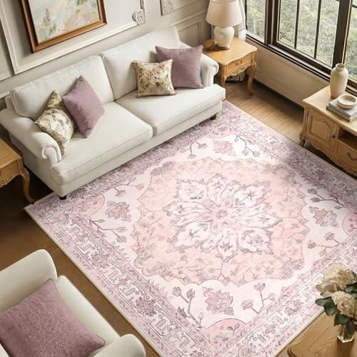 RELEANY Washable Area Rug, Square 6'x6', Pink by RELEANY