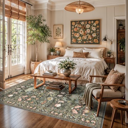 Washable 5x8 Living Room Area Rug: Vintage Water-Resistant Soft Rug for Bedroom Dining Room Non Slip Apartment Low Pile Carpet Thin Floor Mat for Dorm Home Office Printed Beside Rug(5x8，Green) - Image 4