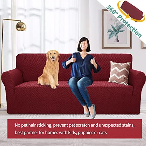 YEMYHOM Couch Cover Latest Jacquard Design High Stretch Sofa Covers for 3 Cushion Couch, Pet Dog Cat Proof Slipcover Non Slip Magic Elastic Furniture Protector (Sofa, Christmas Wine Red) - Image 2