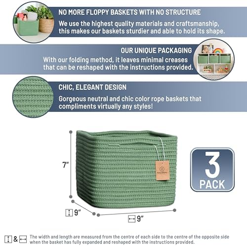 NaturalCozy Storage Cubes 9”x9”x7”Cotton Rope Woven Baskets for Organizing 3-Pack | 9 Inch Cube Storage Bin | Small Basket for Shelf Nursery, Pantry, Decorative Plant, Bathroom Closet, Toy Gift - Image 2