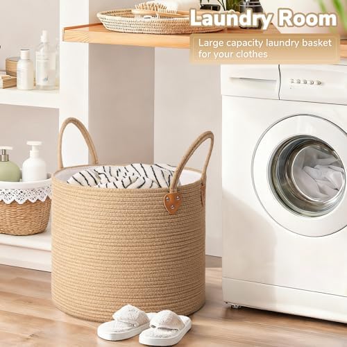 CHICVITA 50L Blanket Basket Living Room, Wicker Laundry Baskets for Home Decor, Baby Toy Basket with Handles, Large Nursery Hamper for Blankets Towels Clothes, 16" X 16" X 14", Jute Brown - Image 2