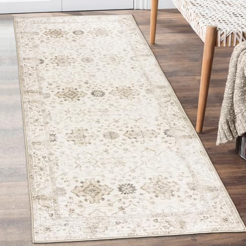 ReaLife Rugs Machine Washable Area Rug Runner - Living Room Bedroom Bathroom Kitchen Entryway Office - Padded Low Pile Stain Resistant Premium - Boho Farmhouse Vintage - BEV - Beige 2'6" x 10' by ReaLifeRugs