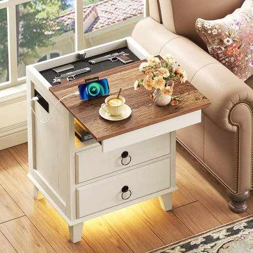 Yusong LED Night Stand with Gun Drawer, Bedside Table with Charging Station, Sofa Couch End Side Table with 2 Drawers ＆Open Shelf for Bedroom, White by Yusong