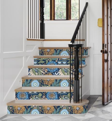 HAOKHOME Navy Floral Peel and Stick Wallpaper Retro Bathroom 17.7inx 32.8ft | Extra Long Renter Friendly Removable Waterproof Textured Wall Paper Vinatage Mustard Yellow Flowers Bedroom Accent Wall Decor - Image 6