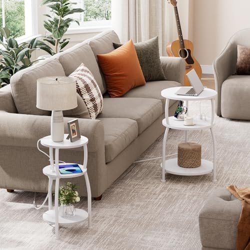Round Side Table with Power Outlet, USB Type C Port, 3-Tier End Table - Image 7