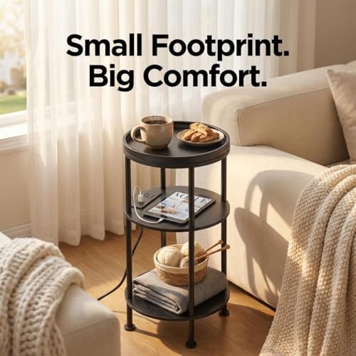 Small Round Side Table with Charging Station, Black - Image 5
