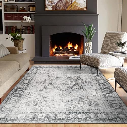 ReaLife Rugs Machine Washable Area Rug - Living Room Bedroom Bathroom Kitchen Entryway Office - Padded Low Pile Stain Resistant Premium - Boho Farmhouse Vintage - Joy - Gray 5' x 7' - Image 3