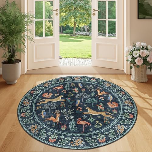 DUKINO 4ft Round Rug, Washable Animal Round Area Rug Non Slip, Navy Blue by DUKINO