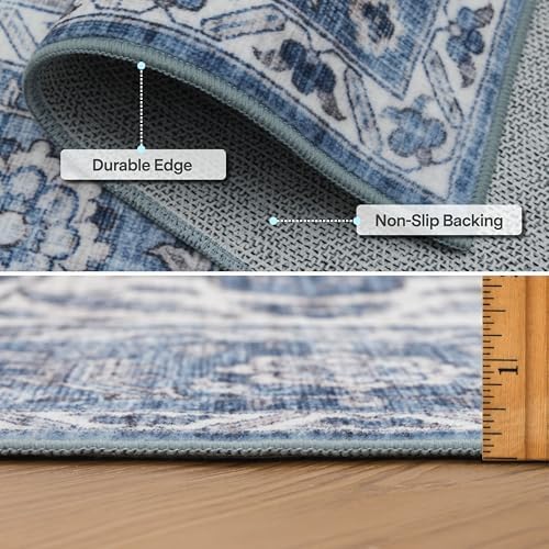 ReaLife Rugs Machine Washable Area Rug - Living Room Bedroom Bathroom Kitchen Entryway Office - Padded Low Pile Stain Resistant Premium - Boho Farmhouse Vintage - Joy - Blue Ivory 5' x 7' - Image 5