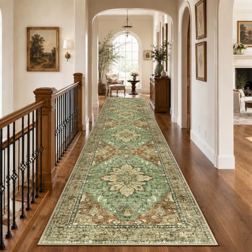 RELEANY Washable Area Rug, Runner 3'x12', Brick/Brown/Green by RELEANY