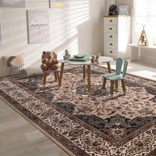 Hanples 4x6 Area Rugs for Living Room, Washable Rug Vintage Floral, Brown by Hanples