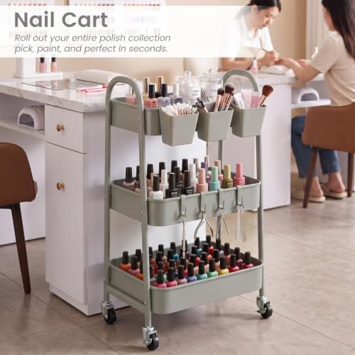 danpinera 3-Tier Rolling Cart, Metal Rolling Storage Cart with Lockable Wheels & Hanging Cups & Hooks, Mobile Trolley Cart for Kitchen, Bathroom, Office, Workshop, Gray - Image 6