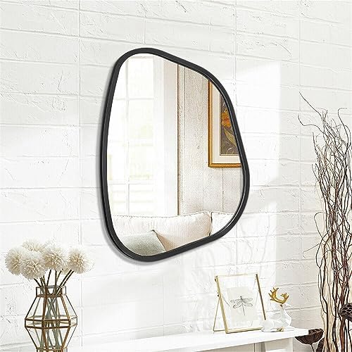 Black Asymmetrical Wall Mirror Large 20"x16" Irregular Oval Mirror Modern Wood Frame Unique Shape Wall Mounted Vanity Artistic Mirrors Decorative for Living Room Bedroom Bathroom Hallway - Image 2