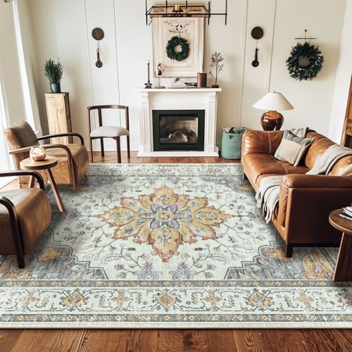 RELEANY Washable Area Rug, 8'x10', Beige/Carbon Grey/Orange - Image 4