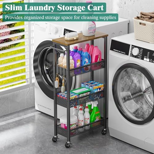 Giwil Slim Rolling Storage Cart 4 Tier Bathroom Organizer Mobile Shelving Unit Utility Cart with Wood Top and Handle for Kitchen Laundry Narrow Places, Black - Image 4