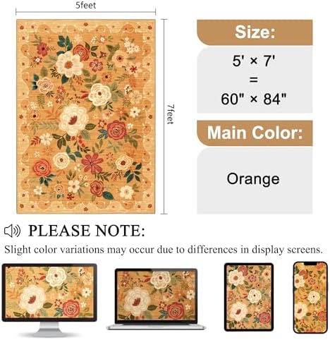 DUKINO 5x7 Area Rugs, Floral Washable Rug for Living Room Non Slip, Orange - Image 2