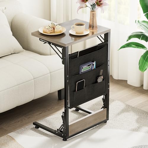 Folding TV Tray Table, 28.8" Tall C-Shaped Side Table for Couch and Bed, Slide Under Sofa Side Desk with Storage Bag - Sturdy Metal Frame Tray for Living Room, Bedroom, Home & Office (Oak Gray) - Image 2