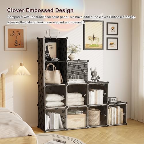 C&AHOME Clover Embossed Storage Organizer with Doors 10-Cube Shelf Black - Image 4