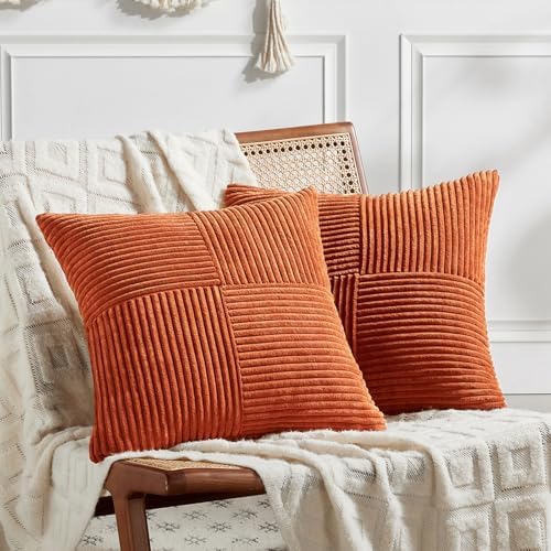 Fancy Homi Set of 2 Burnt Orange Decorative Throw Pillow Covers 22x22 Inch for Living Room Couch Bed, Boho Farmhouse Fall Home Decor, Soft Corss Corduroy Patchwork Textured Cushion Case 55x55 cm by Fancy+Homi