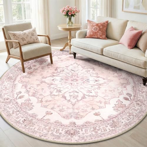RELEANY Washable Area Rug, Round 6ft, Pink by RELEANY