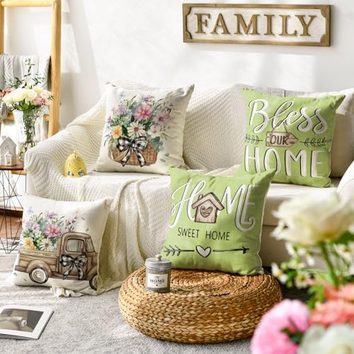 AVOIN colorlife Bless Our Home Eucalyptus Leaves Throw Pillow Covers, 16 x 16 Inch Spring Summer Truck Cushion Case for Home Sofa Couch Set of 4 - Image 2