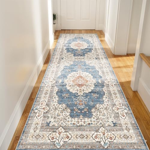Ksrau 3x8 Runner Rug Washable Vintage: Non Slip Kitchen Runners Blue/Beige - Image 2