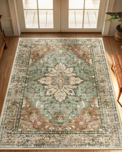 RELEANY Washable Area Rug, 3'x4', Brick/Brown/Green by RELEANY
