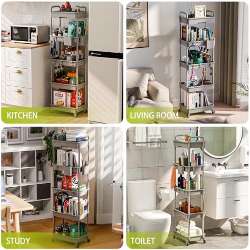Sorgion 5 Tier Rolling Cart Organizer,Bathroom Cart Organizers with Wheels Laundry Room Organization Mobile Shelving Unit Utility Cart Storage Shelves Multi-Functional for Office, Home(Grey) - Image 6
